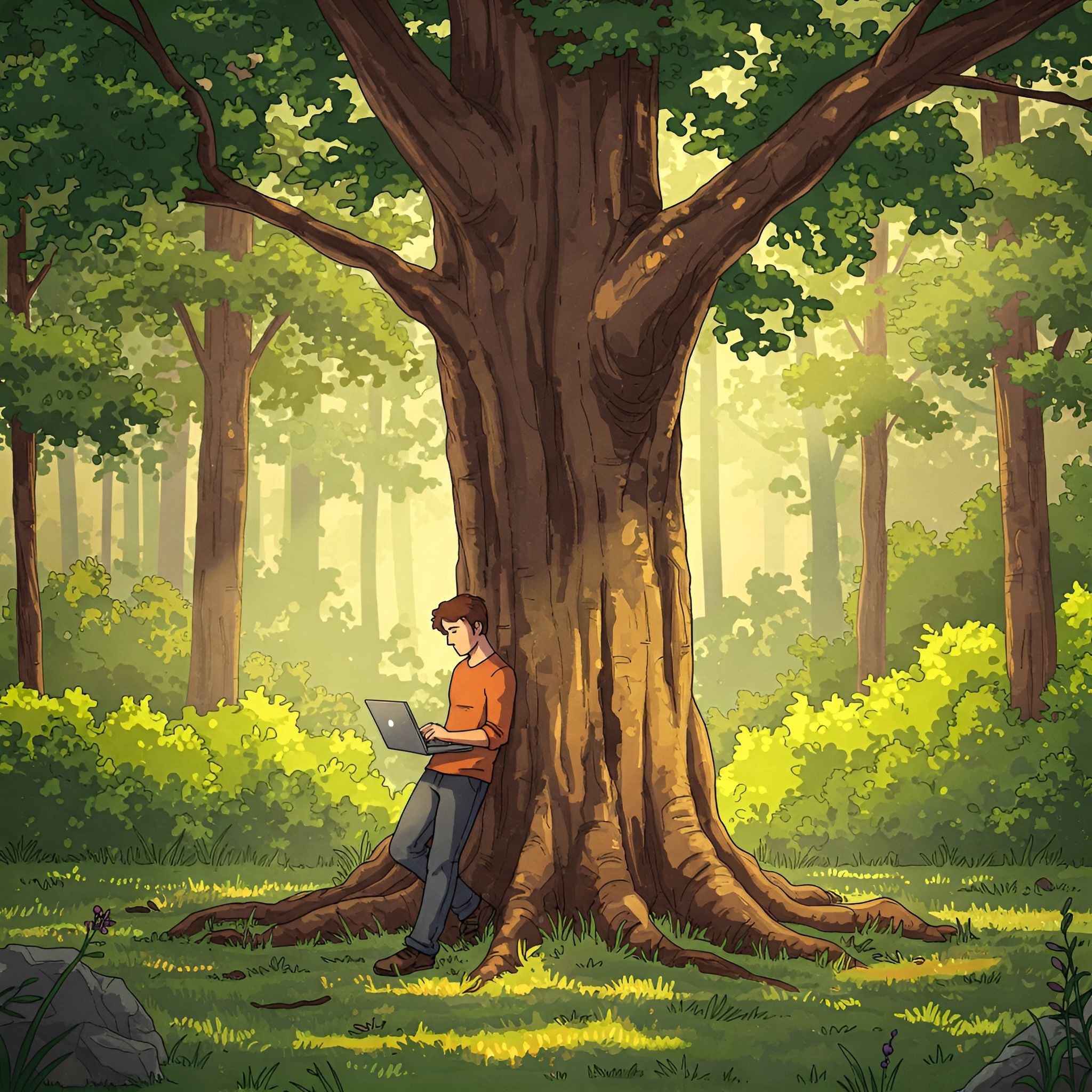 A person with a laptop relaxing in a forest.
